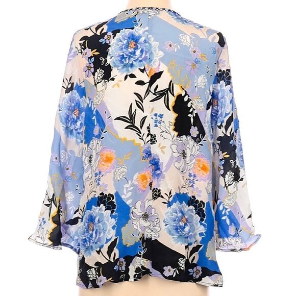 Tolani Silk Floral Fringe Cross Stitch Tie Neck Wide Bell Sleeve Bohemian Blouse - Picture 2 of 3
